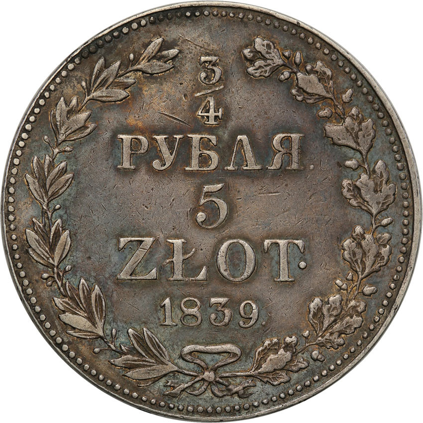 Polska XIX w./Rosja. Mikołaj I. 3/4 Rubla = 5 złotych 1839 MW, Warszawa